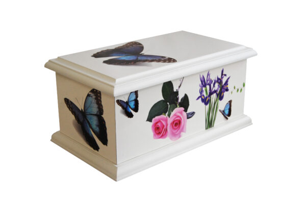 Wooden ashes casket with rose, iris and butterfly design